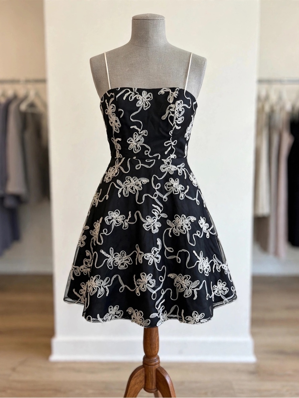 Masquerade Black Dress with White Floral Embroidery
